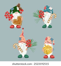 Conjunto de lindos gnomos de Navidades sobre fondo gris aislado. Los gnomos con un regalo, una baya, pan de jengibre son perfectos para decorar tarjetas, invitaciones, impresión en tela, papel.