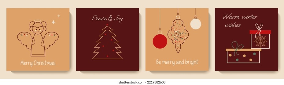 Set of cute Christmas greeting card with angel, gift, Christmas tree, ornaments. Xmas design for postcard, poster, wallpaper, social media post template. Cartoon outline vector illustrations