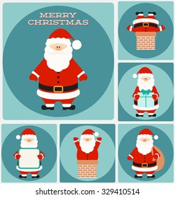 Set of Cute Christmas Greeting Card Template with Santa Claus Character - Merry Christmas - Vector Illustration