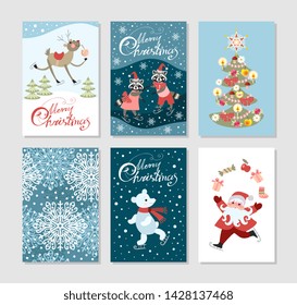 Set of cute christmas greeting cards with deer, raccoons, polar bear, new year tree, Santa Claus and snowflakes.