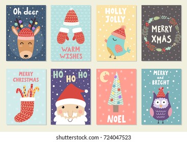 Set of cute Christmas greeting cards. Postcards and prints with reindeer, santa, owl and bird. Vector illustration