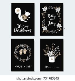 Set of cute Christmas greeting cards, invitations with squirrel, wreath gloves and winter flowers. Hand drawn illustrations, flat design with black background.