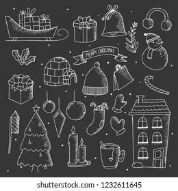 Set of cute Christmas hand drawn doodles. Vector collection of winter graphic elements.