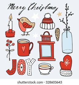 Set of cute christmas hand drawn graphic elements, isolated vector objects