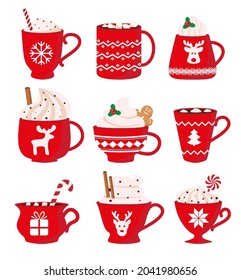 Set of cute Christmas hot drinks. Vector illustration. Eps 10