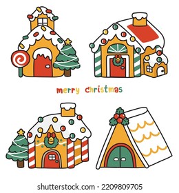 Set of cute christmas house.Candy and sweet concept.Ginger bread house.Winter season.Kawaii collection.New year festival.Kawaii.Vector.Illustration.