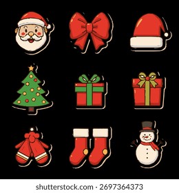 Conjunto de ícones bonitos de Natal com Papai Noel, caixas de presente, meias, boneco de neve, árvore de Natal e arco de férias em um fundo preto. Design festivo colorido perfeito 