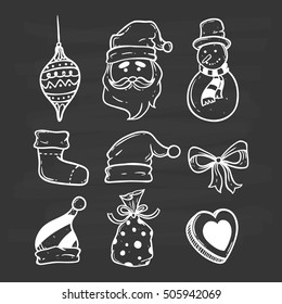 set of cute christmas icons using doodle art or hand drawing style on chalkboard background