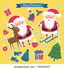 Set of Cute Christmas Illustration on Yellow Background. Stickers Santa, deer, box, christmas tree, heart, mitten, cap, snowflakes for use - Sale sign, flyer, poster, shopping, card.
