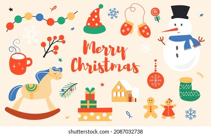 Set of cute Christmas illustrations. Beautiful background picture for design, stickers, packaging. Vector illustration.