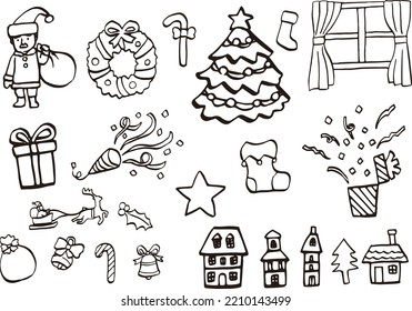 Set of cute Christmas illustrations drawn by pen. (black and white)