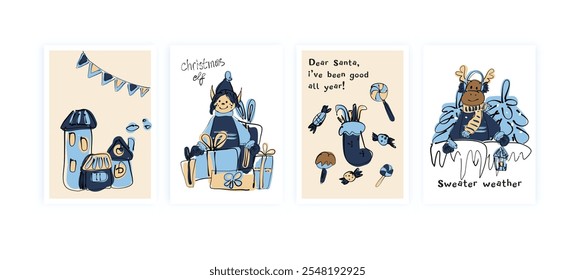 A set of cute Christmas illustrations with elves, socks, sweets in soft shades of blue and beige.