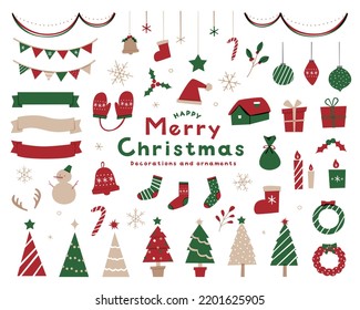 A set of cute Christmas illustrations.
There are lots of Christmas trees, Christmas presents, ornaments, Santa hats, snowmen, ribbon frames, and more.