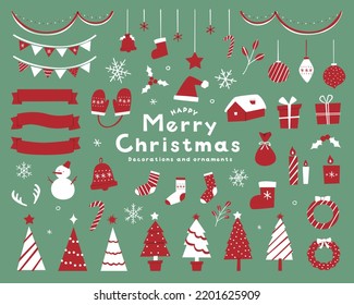 A set of cute Christmas illustrations.
There are lots of Christmas trees, Christmas presents, ornaments, Santa hats, snowmen, ribbon frames, and more.