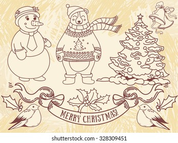 set of cute christmas illustrations, vector collection