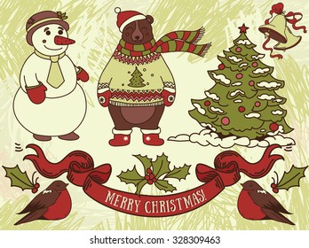 set of cute christmas illustrations, vector collection