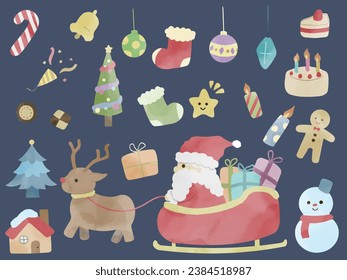 Set of cute Christmas illustrations in watercolor style