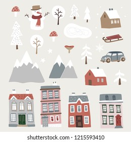 Set of cute Christmas landscape, town and village icons. Hand drawn houses, mountains, snowman and trees. Isolated winter vector objects, flat design.