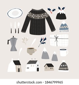 Set of cute Christmas lifestyle and food icons. Knitted sweater, cap and gift boxes. Set of houses. Cup of coffe, pudding and eating utensils. Vintage Scandinavian flat design. Isolated vector objects