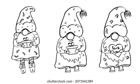 Set of cute christmas man gnomes. Collection of holidays wizards or enchanter with gifts. Vector, Illustration.