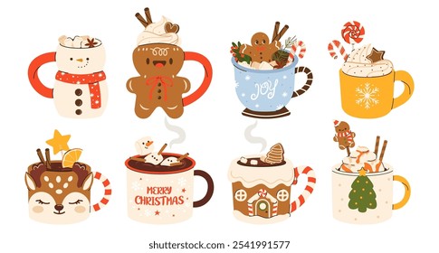 Set of cute Christmas Mugs in shape of gingerbread, snowman. Сacao with whipped cream, marshmallow and candy cane. Seasonal flavored products, cards for New Year or winter holidays. Vector flat