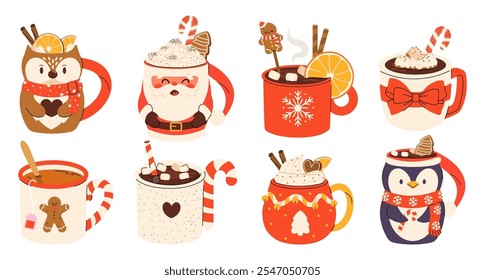 Set of cute Christmas Mugs in shape of Santa Claus, penguin, deer. Сacao with whipped cream, marshmallow and candy cane. Seasonal flavored products, cards for New Year or winter holidays. Vector flat