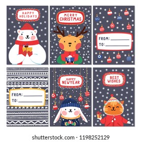 Set of cute Christmas and new year greeting cards with lettering and cartoon characters. Vector flat design.