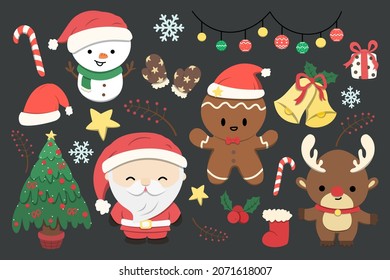 Set of cute Christmas and New Year elements with Santa Claus, Snowman, Reindeer,gift,bell,Gingerbread Men and Christmas decorations .Vector illustration.