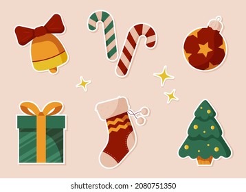 Set of cute Christmas and New Year stickers. Symbols of the holiday. Isolated vector collection of illustration in flat cartoon style.