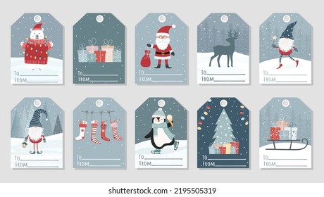 Set of cute Christmas and New Year gift tags. Vector greeting card designs with Santa Claus, scandinavian gnome, snowman, penguin, deer, gift boxes, christmas tree and other elements.