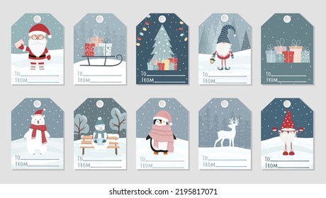 Set of cute Christmas and New Year gift tags. Vector greeting card designs with Santa Claus, scandinavian gnome, snowman, penguin, deer, gift boxes, christmas tree and other elements.