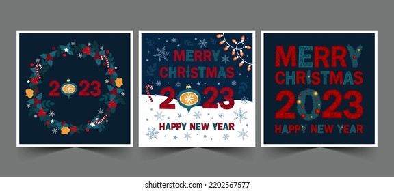 Set of cute Christmas and New Year square cards. Modern flat vector illustration in blue colors.