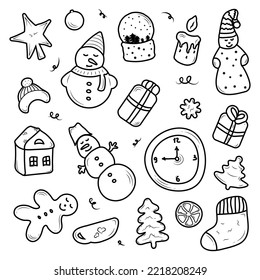 Set of cute christmas and new year elements in doodle style isolated on white background. Fun hand drawn stickers design