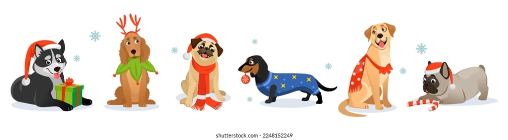 Set of cute Christmas and new year dogs isolated on white background. Husky, spaniel, pug, bulldog, dachshund, and retriever wearing Santa, elf, and deer costumes. Cartoon style vector collection.