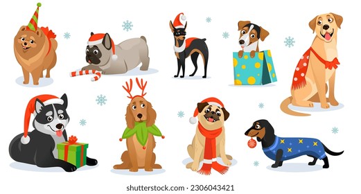 Set of cute Christmas and New Year dog characters isolated on white background. Husky, spaniel, pug, bulldog, dachshund, and retriever wearing Santa, elf, and deer costumes. Cartoon vector collection