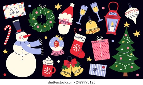 Set of cute Christmas and New Year elements. Winter celebration. Snowman, santa claus, christmas tree, snowball, gift box, cacao mug, wreath, lantern etc.