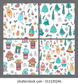 Set of cute Christmas and New Year seamless patterns. Holiday elements:Santa, deer, noel, gift, ball, snowflake, bear, noel.