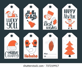 Set of cute Christmas and New Year gift tags. Vector illustration
