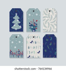 Set of cute Christmas and New Year ready-to-use gift tags or labels. Illustration with blue, red and white colors.