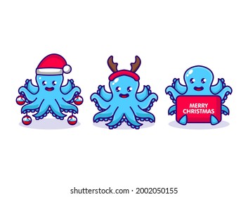 Set of cute christmas octopus character chibi