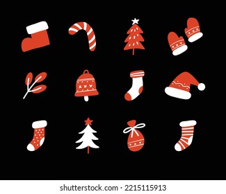 Set of cute christmas ornaments for childish design element. Collection of simple cartoon hand drawn illustration.