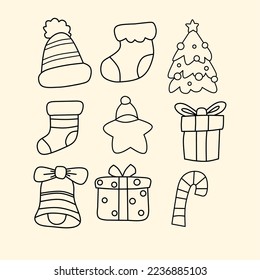 Set cute christmas outline icon vector design. Christmas trees, gifts, bells, socks, stars, Santa Claus hats