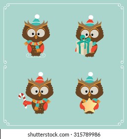 Set of cute Christmas owl. Vector illustration