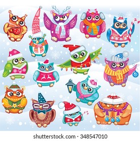 Set of Cute Christmas Owls