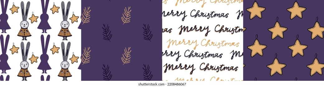 Set of cute Christmas patterns. Bunnies, fir branches, Christmas tree toy asterisk, lettering. The symbol of 2023 is the black rabbit. Seamless vector pattern in flat style.