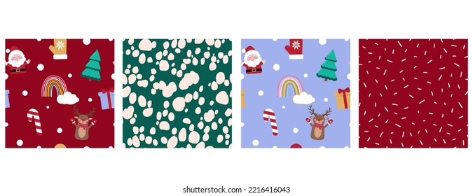 Set of cute Christmas patterns, with reindeer, Santa Clause, candy, tree, mitten and rainbow for card, fabric, stationery or notebook.