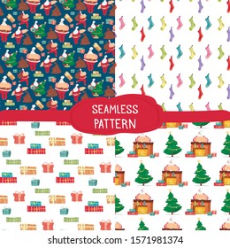 Set of Cute Christmas Patterns. Seamless Prints for Xmas and New Year Holidays, Traditional Festive Symbols Santa Claus, Fireplace, Decorated Fir Tree, Socks for Gifts Cartoon Flat Vector Illustration