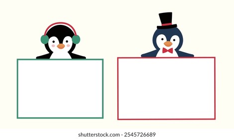 Set of cute Christmas penguin holding blank sign flat vector illustration.
Winter christmas penguin holding blank notice board cartoon vector.