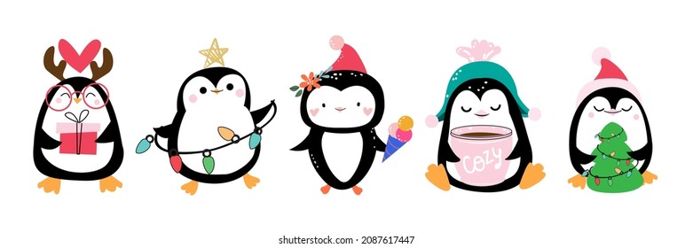 Set of cute Christmas penguins in cartoon style. Vector illustration. Doodle style