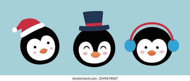 Set of cute Christmas penguins head vector illustration.
flat style christmas penguin element.
Good for card,poster, banner, leaflet .